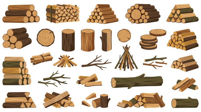 Wood logs and stacked firewood collection, natural timber material vector set.
