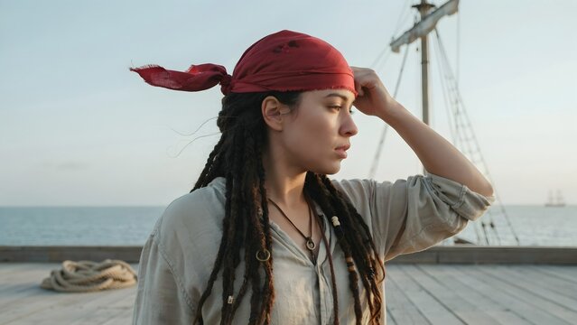 Woman with dreadlocks and red bandana on ship deck gazing into distance during daytime