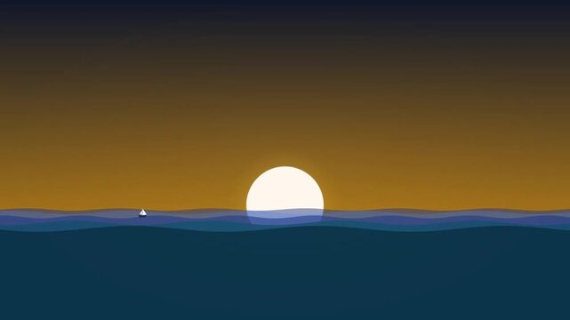 Minimalist pixel art sunset over calm blue ocean waves