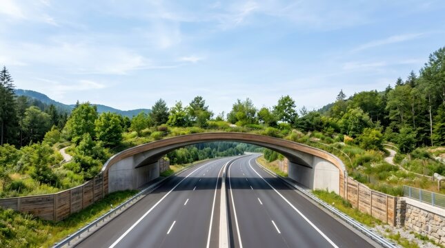 Green bridge over highway connecting forest habitats. Wildlife crossing ecoduct with vegetation spanning asphalt road in mountain