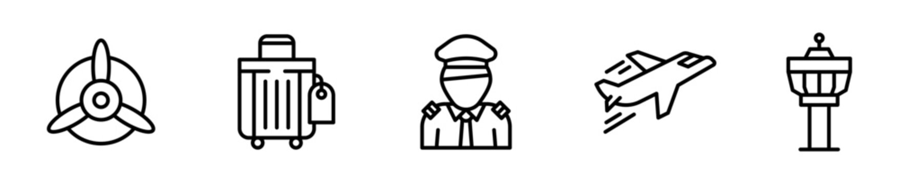 Set de 5 iconos de aviaci&oacute;n. H&eacute;lice, equipaje de avi&oacute;n, piloto, avi&oacute;n y torre de control. Vector outline