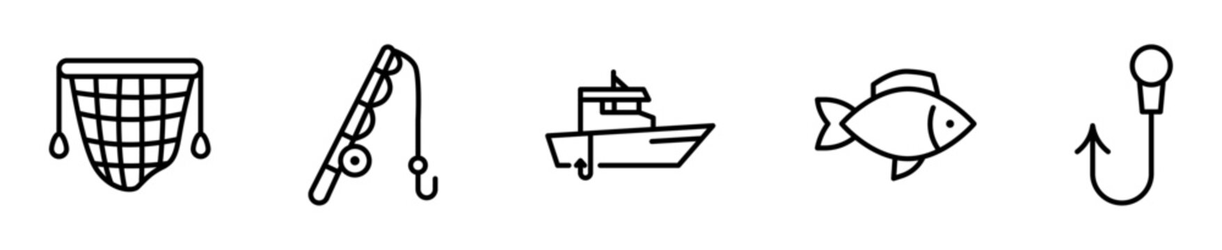 Set de 5 iconos de pesca. Red de pesca, ca&ntilde;a de pescar, barco pesquero, pez y anzuelo. Vector outline