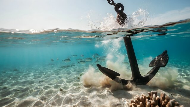 Underwater View of Anchored Ship Propeller and Chain Near Coral Reef
