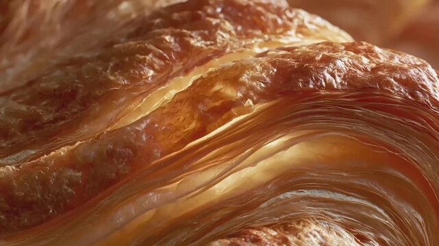 Paris, France, Europe. A closeup of a freshly baked croissant, showcasing its goldenbrown, flaky texture and intricate swirl patterns. The background is out of focus, emphasizing the pastrys details.