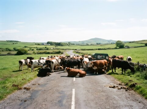 Herd of cows blocking rural country road with car waiting behind. Traffic jam with cattle on countryside road among green fields and hills. Farming, livestock and rural life concept.