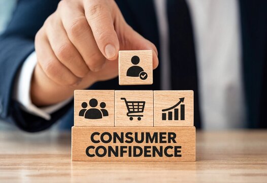 Professional placing wooden block with verified user icon on consumer confidence stack representing business growth and trust
