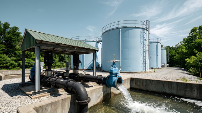 Industrial water treatment facility with storage tanks|Wastewater management system and purification process|Municipal water supply infrastructure and pumping station