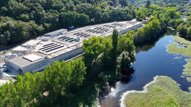 Wastewater treatment plant aerial view showing purification process