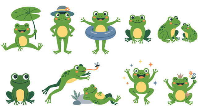 Cute cartoon green frog character set in various poses for children graphics.