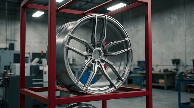 custom alloy car wheels | performance forged rim design | automotive wheel manufacturing shop | luxury car rim on display | aftermarket wheel engineering garage