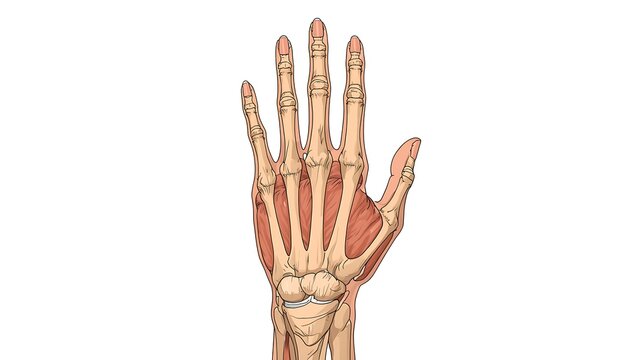 Dorsal Hand Musculature and Skeletal System Anatomy Illustration