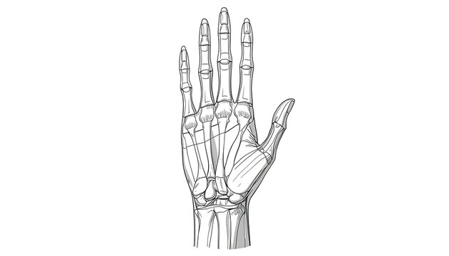 Detailed Hand Skeletal Structure Black and White Line Drawing