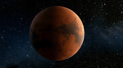 Obraz premium A vivid red planet with cratered terrain floats against a star filled cosmic backdrop showcasing planetary surface details under celestial lighting