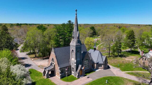 Unity Church of North Easton aerial view at 9 Main Street in village of North Easton, town of Easton, Bristol County, Massachusetts MA, USA. 