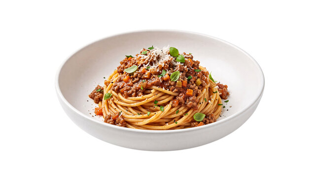 Spaghetti bolognese with grated parmesan cheese and png on isolated transparent background