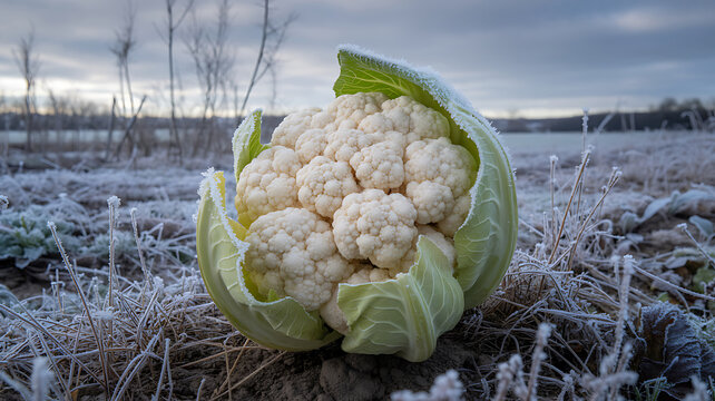 Fresh white cauliflower in frozen winter field, organic vegetable with green leaves on frost ground, seasonal farming and agriculture