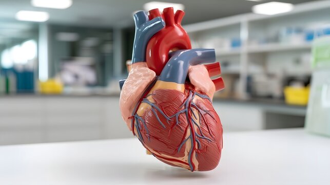 A detailed anatomical heart model with visible arteries and chambers displayed on a white surface in a clinical environment