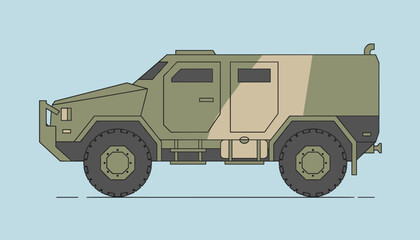 Obraz premium Side view illustration of an armored military vehicle with a camouflage pattern for defense and combat transportation themes.