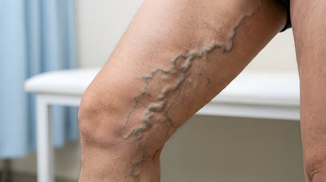 Varicose veins on human leg skin surface during medical examination at healthcare clinic.