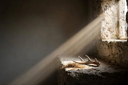Antler on Rustic Stone Ledge in Dramatic Sunlight