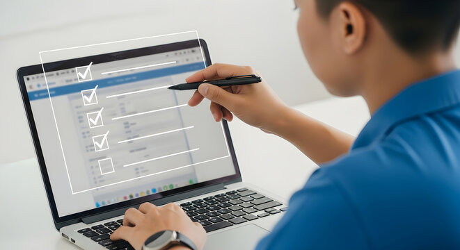 Professional Person Using Digital Technology to Efficiently Complete Online Task Checklist and Manage Business Workflow Management Processes