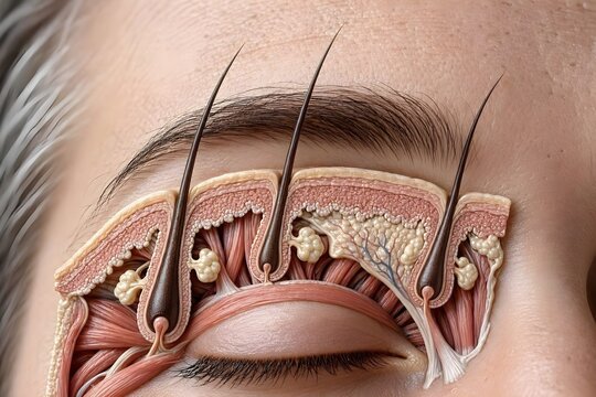 Human Eyebrow Anatomy Close Up with Hair Follicles, Skin Layers and Muscle Structure