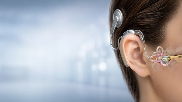 Cochlear implant inner ear medical website banner for hearing loss, photorealistic anatomy illustration with copy space, healthcare education image for audiology, radiology, and patient education