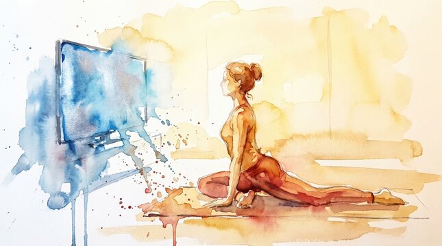 Watercolor illustration of a woman doing yoga before a digital screen. Technology serves as a gentle guide for health and mindfulness. Ideal for wellness apps and fitness blogs.