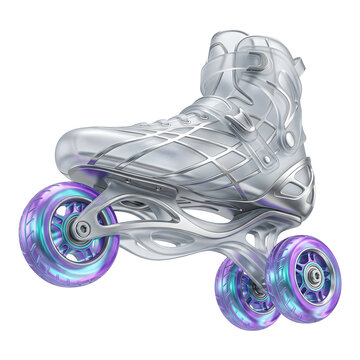 Futuristic Inline Skate with Glowing Purple Wheels, Metallic Silver Boot isolated on transparent background
