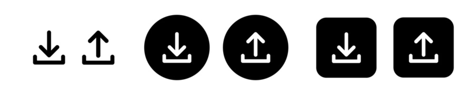 Download and upload icon set with down and up arrow symbols. Solid black File transfer icons for cloud storage, file management and website interfaces