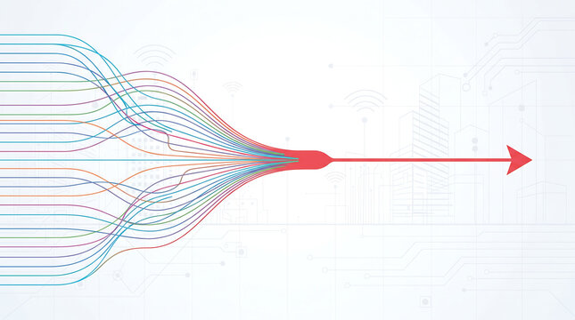 Abstract illustration of converging lines and arrows representing strategic focus and business integration in a minimalist blue and red gradient style