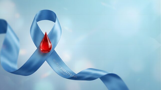 World diabetes day awareness concept with a blue ribbon and a red blood drop symbol on a soft light blue background