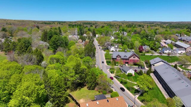 Ames Shovel Shop and Unity Church of North Easton aerial view in village of North Easton, town of Easton, Bristol County, Massachusetts MA, USA.  