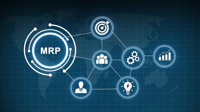 Requirements planning mrp concept infographic with interconnected digital for supply chain management, manufacturing optimization, industrial production strategy, and global business logistics