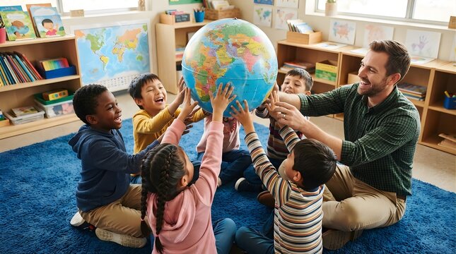 A smiling teacher and a diverse group of young elementary students sitting on a blue rug in a classroom holding a large globe together