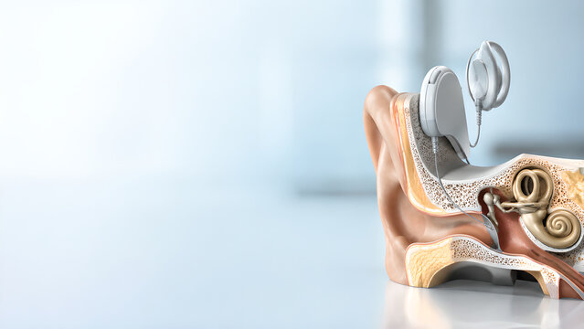 Cochlear implant inner ear medical website banner for hearing loss, photorealistic anatomy illustration with copy space, healthcare education image for audiology, radiology, and patient education