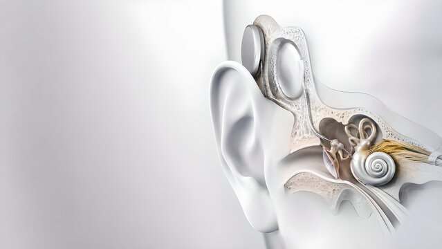 Cochlear implant inner ear medical website banner for hearing loss, photorealistic anatomy illustration with copy space, healthcare education image for audiology, radiology, and patient education