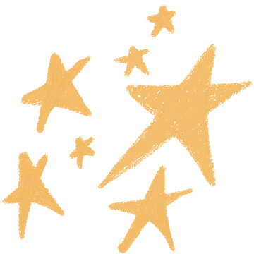 Hand-drawn golden yellow starfish illustrations with a textured watercolor effect, isolated on a transparent background. Ideal for summer, beach, ocean, and marine-themed designs.