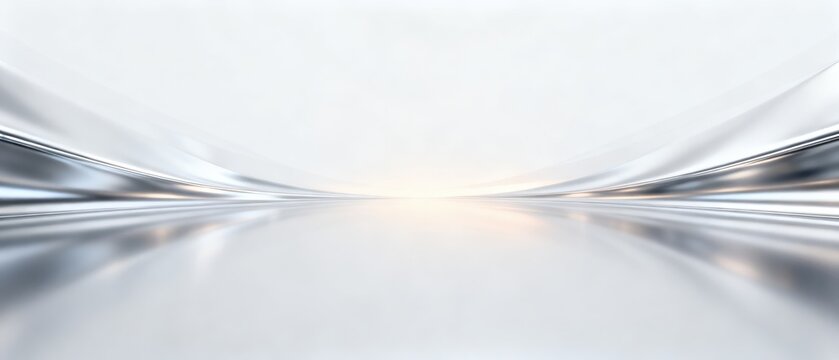 Abstract silver metallic wave background with smooth reflective curves and bright white copy space, idea for futuristic technology, luxury business banner and modern design