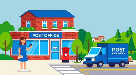 Naklejka premium Post office building with a delivery truck parked outside and a woman standing on the sidewalk.