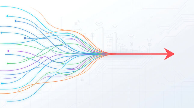 Abstract illustration of colorful converging lines and arrows representing strategy and goal orientation