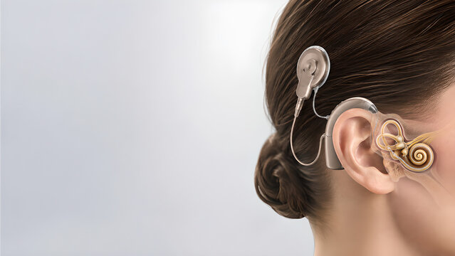 Cochlear implant inner ear medical website banner for hearing loss, photorealistic anatomy illustration with copy space, healthcare education image for audiology, radiology, and patient education