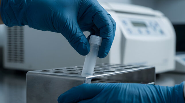 Hands in blue nitrile gloves handling cryogenic vial | medical research laboratory sample preparation | scientist working with laboratory centrifuge and test tubes | clinical diagnostic testing
