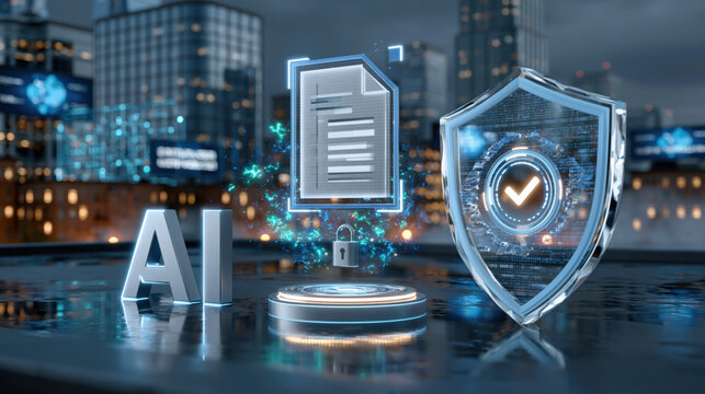 AI security concept with glowing document, shield and padlock reflective surface conveying data protection and trust futuristic city nightscape