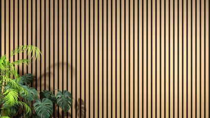 Fototapeta na wymiar Modern Studio Background with Wood Slats Wall and Tropical Plants for Video Overlay