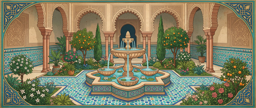 Moorish Garden Fountain with Water Lilies and Arches for Wall Art Decor and Elegant Mediterranean Wallpaper Design
