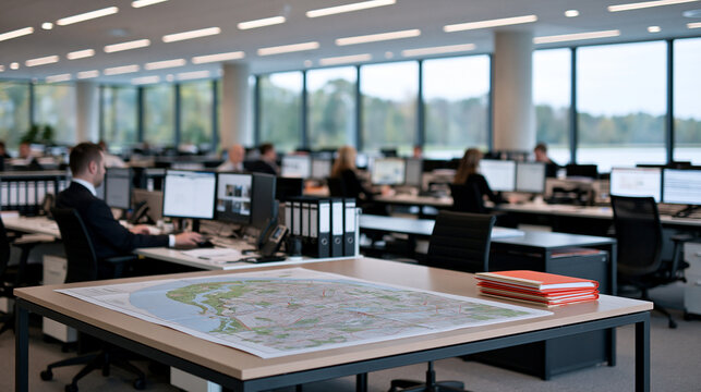 The spatial relationship between a printed neighborhood response map spread across a long table and the emergency management records area: a stack of shifted folders beside the map