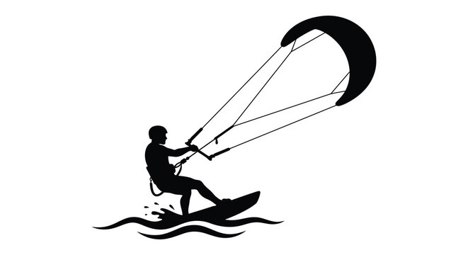 Kitesurfer riding waves with a kite black silhouette