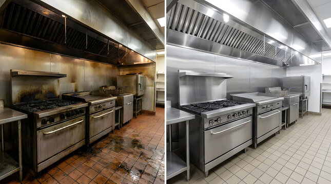 professional commercial kitchen deep cleaning results | restaurant exhaust hood degreasing before and after | industrial stove and oven sanitation service | heavy duty grease removal transformation
