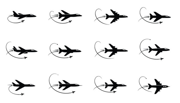 Fighter jet silhouette icons collection showing military aircraft models with flight path arrows for aviation and defense concepts.